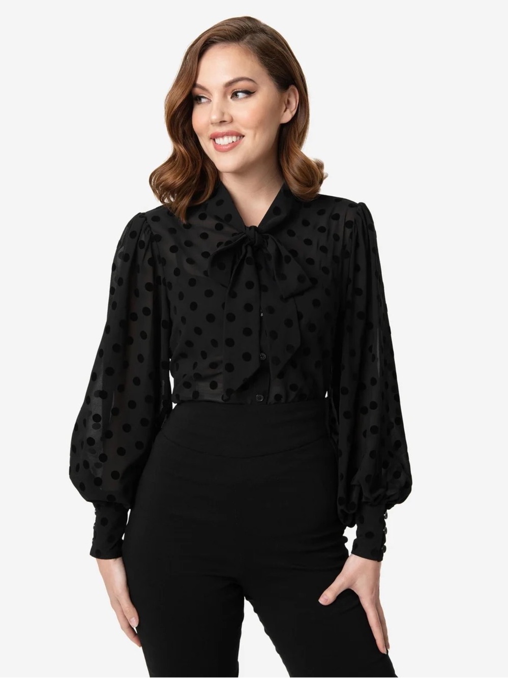 Unique Vintage Black Sheer Polka Dot Gwen Blouse